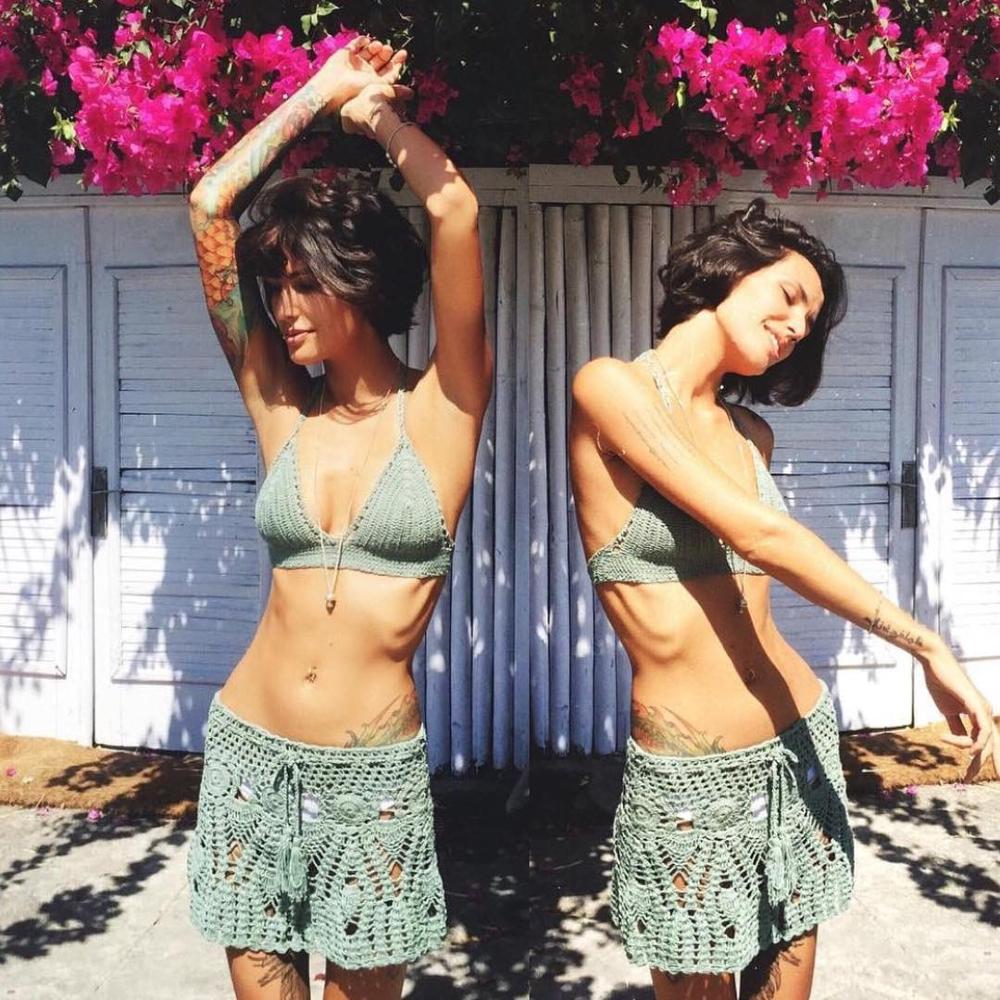 Crochet Top Boho - ถักมือผู้หญิงเซ็กซี่ชายหาดชุดบิกินี่ Push Up Crop Top Cover