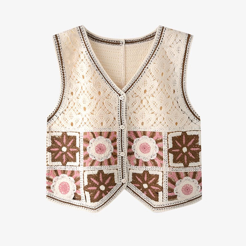Crochet Top Boho - Granny Square โครเชต์เสื้อกั๊กผู้หญิง SHEER เปิดถักปุ่มด้านหน้าเสื้อกั๊กแขนกุดฤดูร้อน Boho