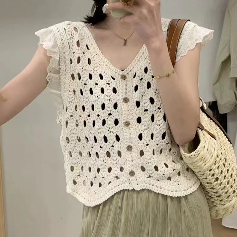 Crochet Top Boho - Ruffle Trim โครเชต์เสื้อกั๊กปุ่มด้านบนด้านหน้า V คอเปิดถัก Hollow