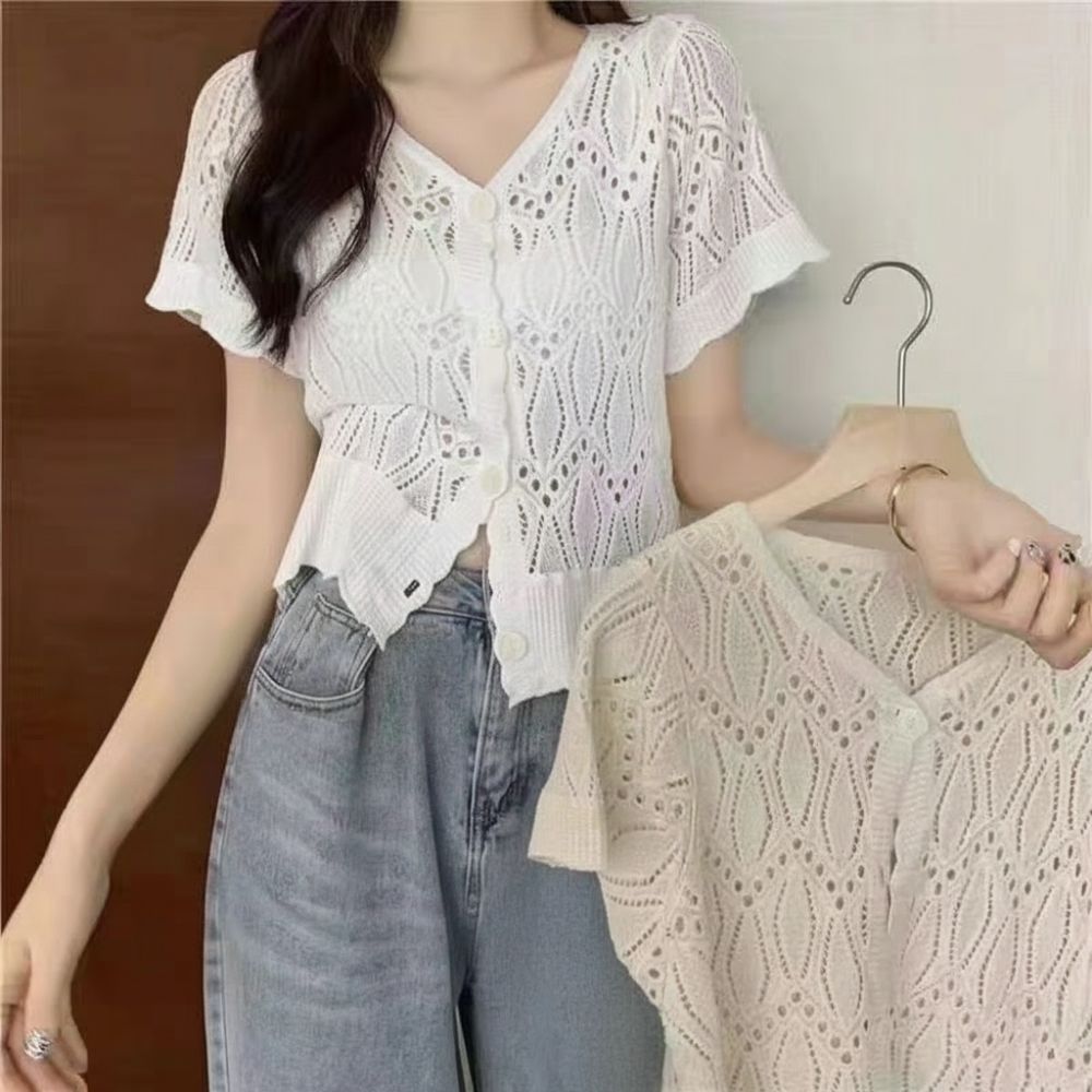 Crochet Top Boho - เสื้อแฟชั่นคอวีถักโครเชต์ สไตล์โบโฮ แขนสั้น ผ้าบางเบา สำหรับผู้หญิง