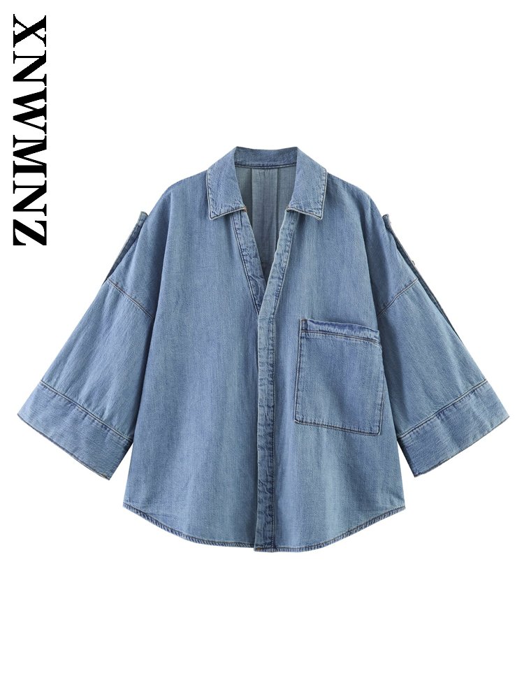 Vintage Fashion Club - XNWMNZ 2026 ฤดูร้อนใหม่ผู้หญิงสไตล์โบฮีเมียนวินเทจคอปกยีนส์เสื้อคลุมแฟชั่นเลดี้บลูแขนยาวเสื้อโค้ตลำลอง