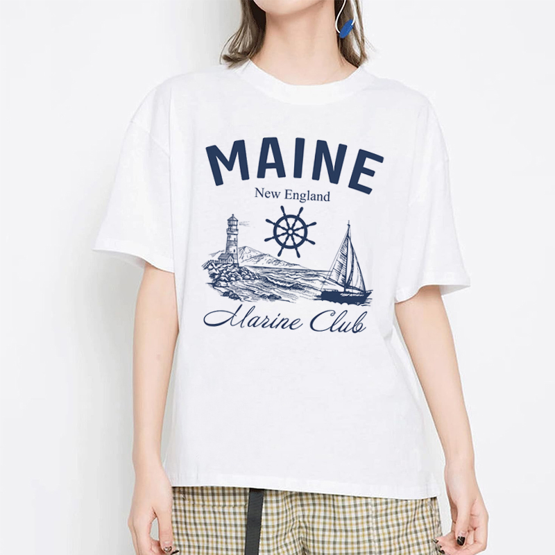 Vintage Yacht Fashion - Maine เสื้อยืดวินเทจแขนสั้นทรงหลวมสำหรับเดินทาง, เสื้อยืดลายกราฟฟิคย้อนยุคเสื้อแฟชั่นสำหรับผู้หญิงวันหยุด