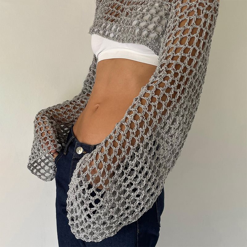 Crochet Top Boho - แขนยาวโครเชต์Crop Topฤดูร้อนถักHollow Outตาข่ายCover Ups 2024 ผู้หญิงY2kโครเชต์เสื้อPullover