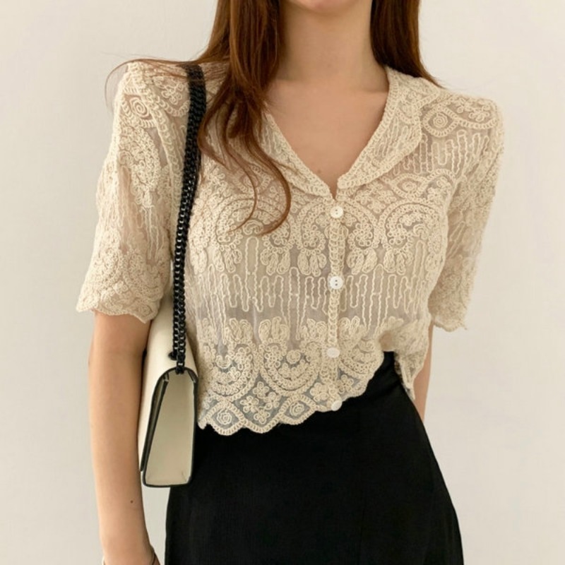 Crochet Top Boho - ชุดคลุมเสื้อลูกไม้ปักลายสำหรับผู้หญิงเสื้อสเวตเตอร์ถักแบบมีกระดุมด้านหน้าชุดวันหยุดสไตล์โบโฮสำหรับฤดูร้อน