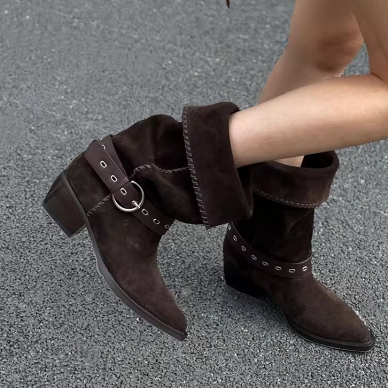 Vintage Fashion De - รองเท้าบูทผู้หญิงแฟชั่นสไตล์วินเทจหนังกลับแบบตะวันตก รุ่นปี 2026 สำหรับฤดูร้อน พร้อมหัวเข็มขัด ป้องกันการลื่น