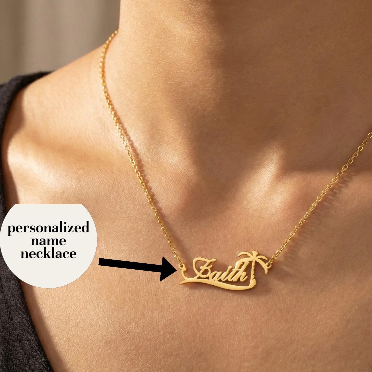 Vintage Fashion Names - สร้อยคอรูปต้นปาล์มพร้อมชื่อสั่งทำ สร้อยคอชื่อส่วนตัว สร้อยคอชายหาด สร้อยคอรูปมะพร้าวสำหรับผู้หญิง เครื่องประดับสแตนเลส