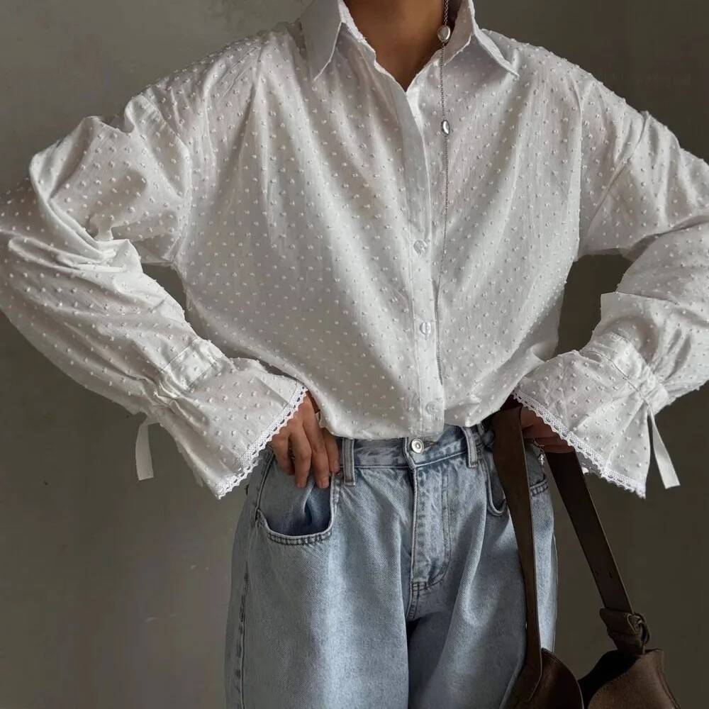 Crochet Top Boho - เสื้อคลุมคาร์ดิแกนกระดุมแถวเดียว เสื้อผ้าฝ้าย เสื้อเชิ้ตสีขาวสำหรับผู้หญิง แฟชั่นฤดูใบไม้ผลิ ฤดูใบไม้ร่วง เสื้อแขนบานแบบใหม่