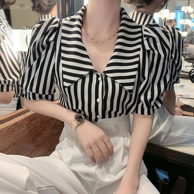 Vintage Fashion De - เสื้อแฟชั่นลายทางผู้หญิง เสื้อเชิ้ตวินเทจแขนพอง เสื้อผู้หญิงลำลอง เสื้อคลุมสไตล์เกาหลี เสื้อทูนิค 2025
