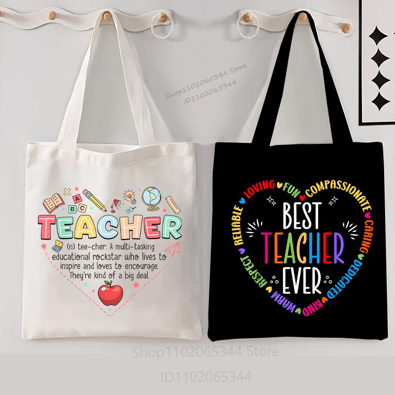 Vintage Fashion Definition - กระเป๋าสะพายไหล่ผู้หญิงลายพิมพ์ Best Teacher Ever แฟชั่นกระเป๋าผ้าแคนวาสสำหรับครู กระเป๋าช้อปปิ้งสไตล์วินเทจ