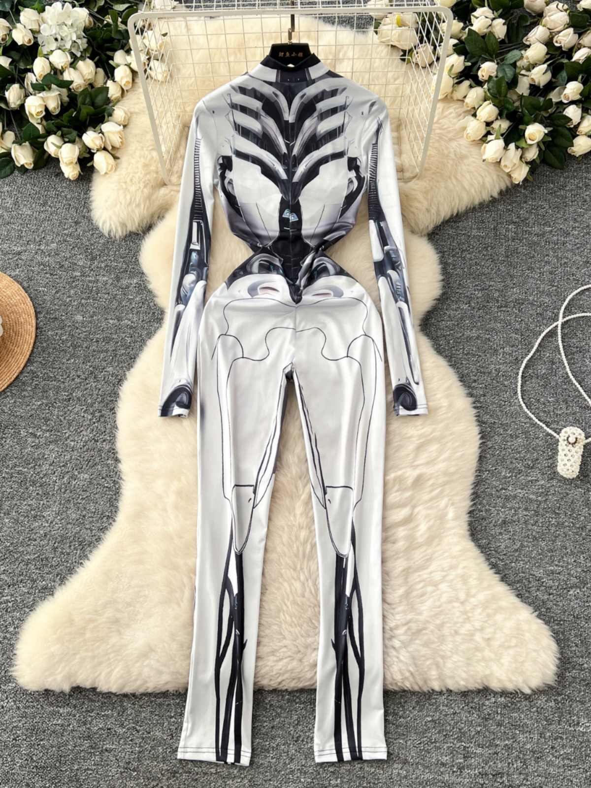 Vintage Fashion Club - ผู้หญิงสีเทาพิมพ์Jumpsuits VintageแขนยาวผอมPlaysuitsกางเกงHarajukuเซ็กซี่Rompers 2000S Emo Coquetteเสื้อผ้าแฟชั่น