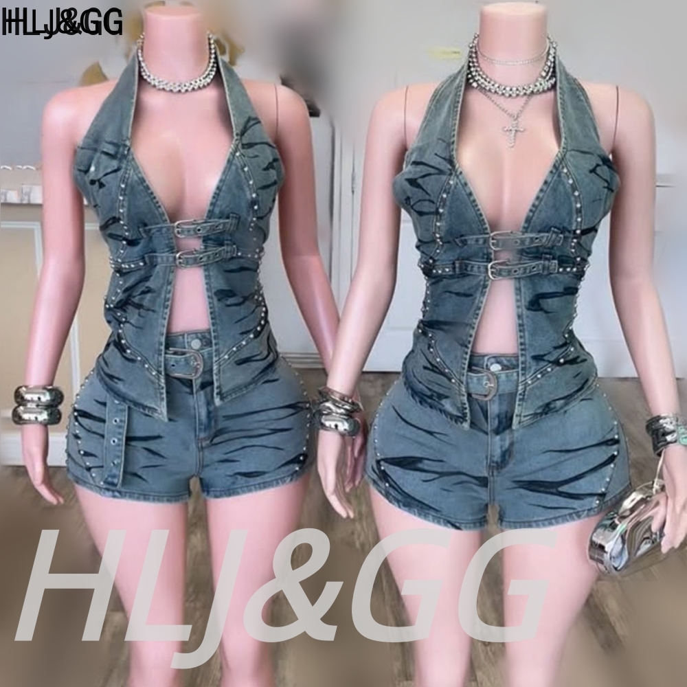 Vintage Fashion Club - HLJ&GG ชุดเดนิมวินเทจสีน้ำเงินแบบสองชิ้นสำหรับผู้หญิง เสื้อครอปคอวีแบบผูกคอ + กางเกงขาสั้น แฟชั่นสไตล์คาวบอยแนวสตรีท