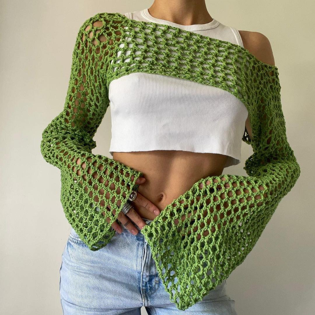 แขนยาวโครเชต์Crop Topฤดูร้อนถั - Crochet Top Boho บทวิจารณ์และราคา